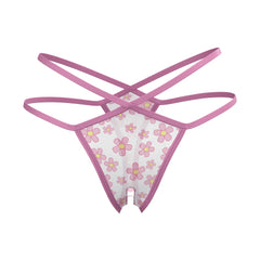 Pink floral-patterned magic silk split crotch thong with sheer mesh fabric and matching elastic straps front view