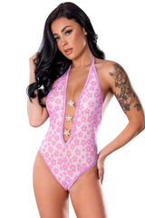Pink floral magic silk teddy one-piece swimsuit with halter neck and white flower clasps down the front