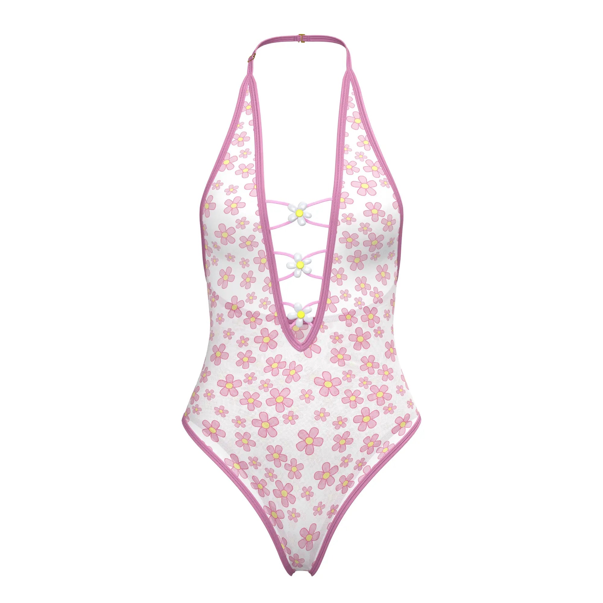 Magic silk teddy snap crotch one-piece swimsuit in white with pink floral pattern halter neckline and lace-up front