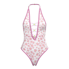 Magic silk teddy snap crotch one-piece swimsuit in white with pink floral pattern halter neckline and lace-up front
