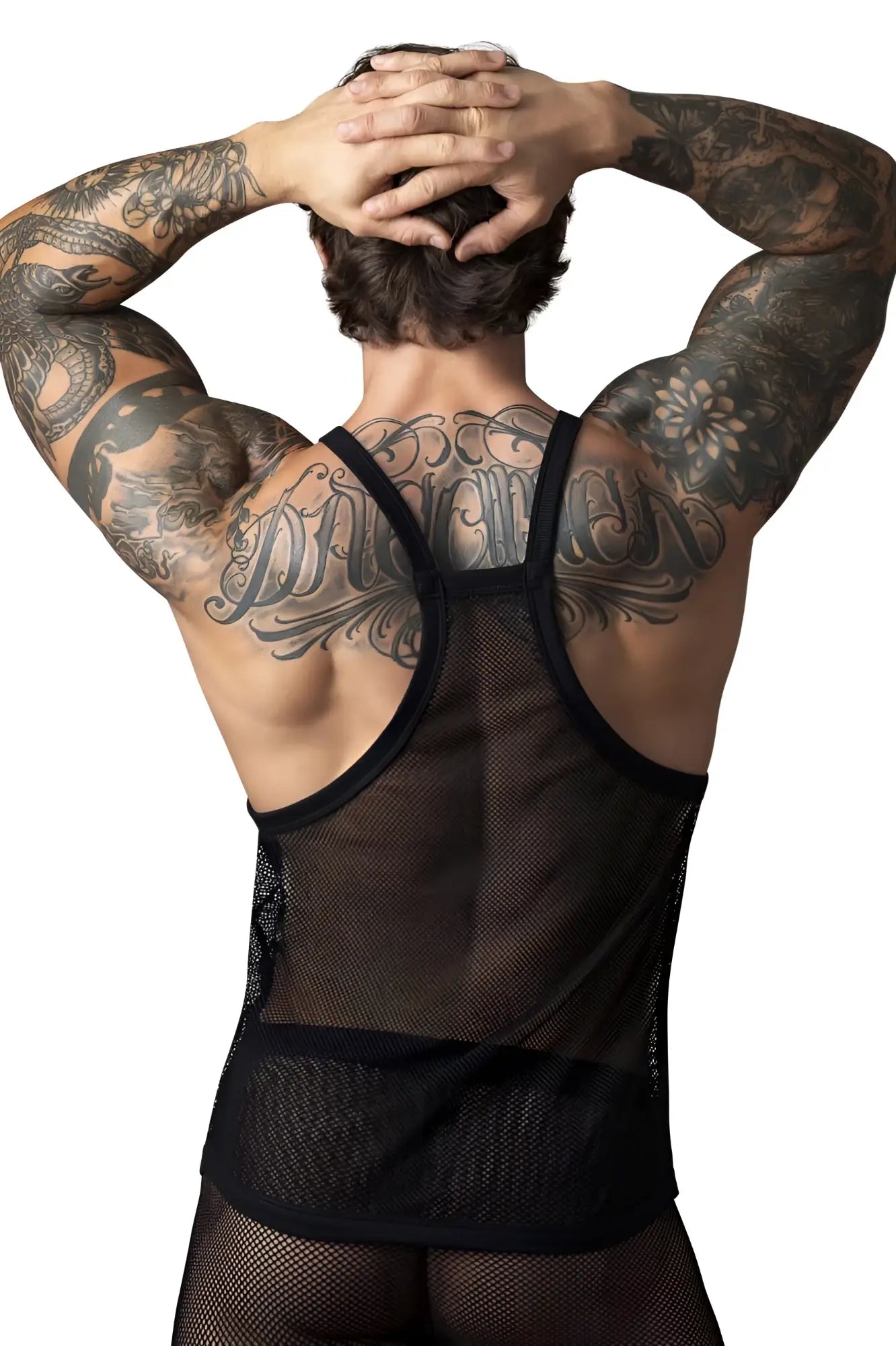 Black male power 110-11c fishnet tank top showing intricate back design with thin straps in mesh material