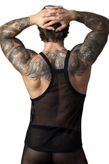 Black male power 110-11c fishnet tank top showing intricate back design with thin straps in mesh material