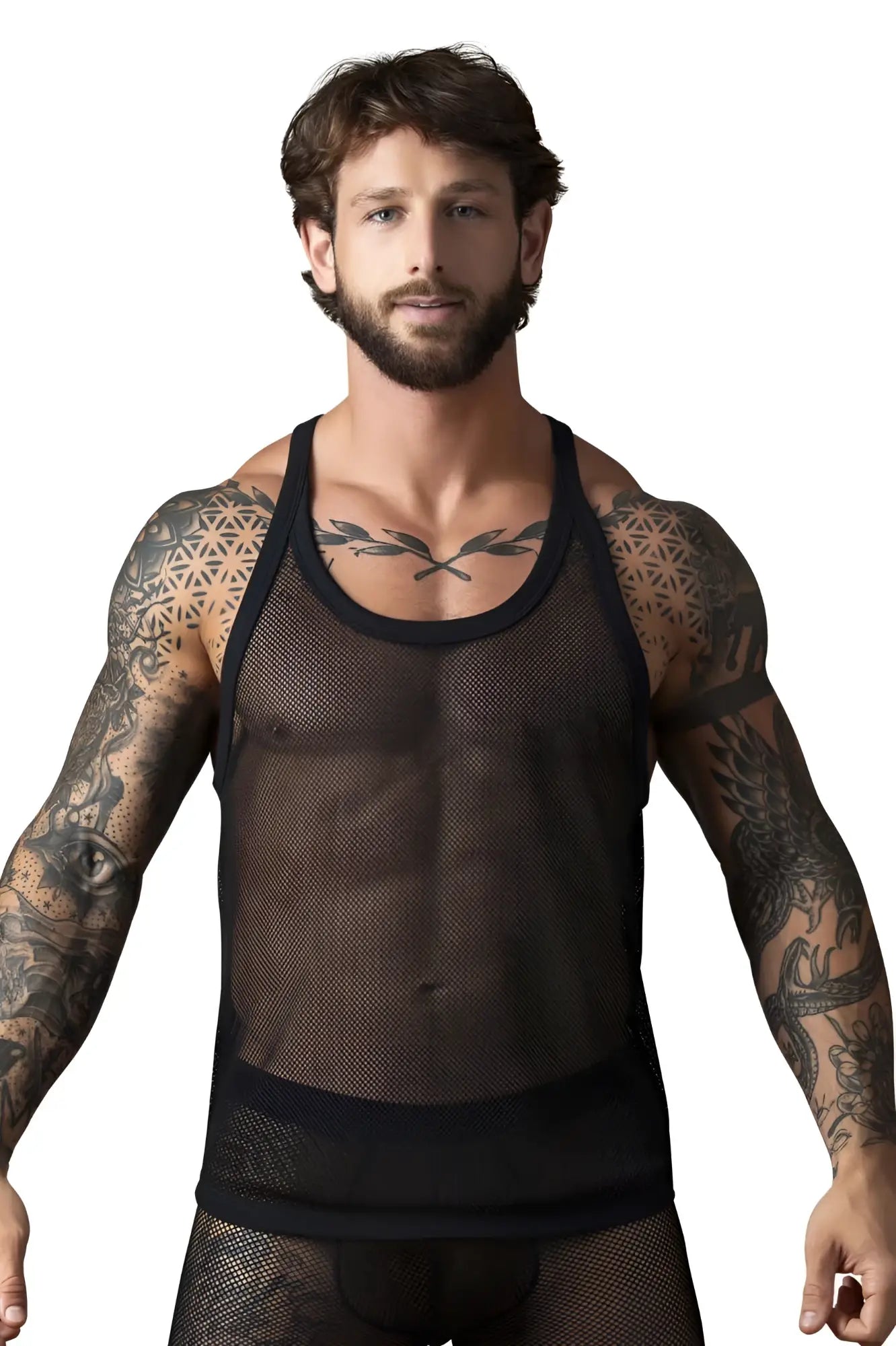 Male power 110-11c fishnet 2 tank top in black with reinforced shoulder straps and solid trim at the waist
