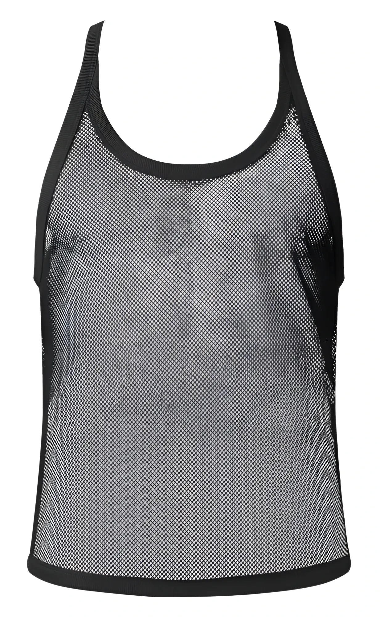 Male power 110-11c fishnet tank top in black with solid black trim along neckline armholes and hem