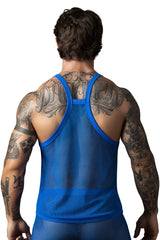 Male power royal blue fishnet tank top with racerback straps showing back side of the mesh material