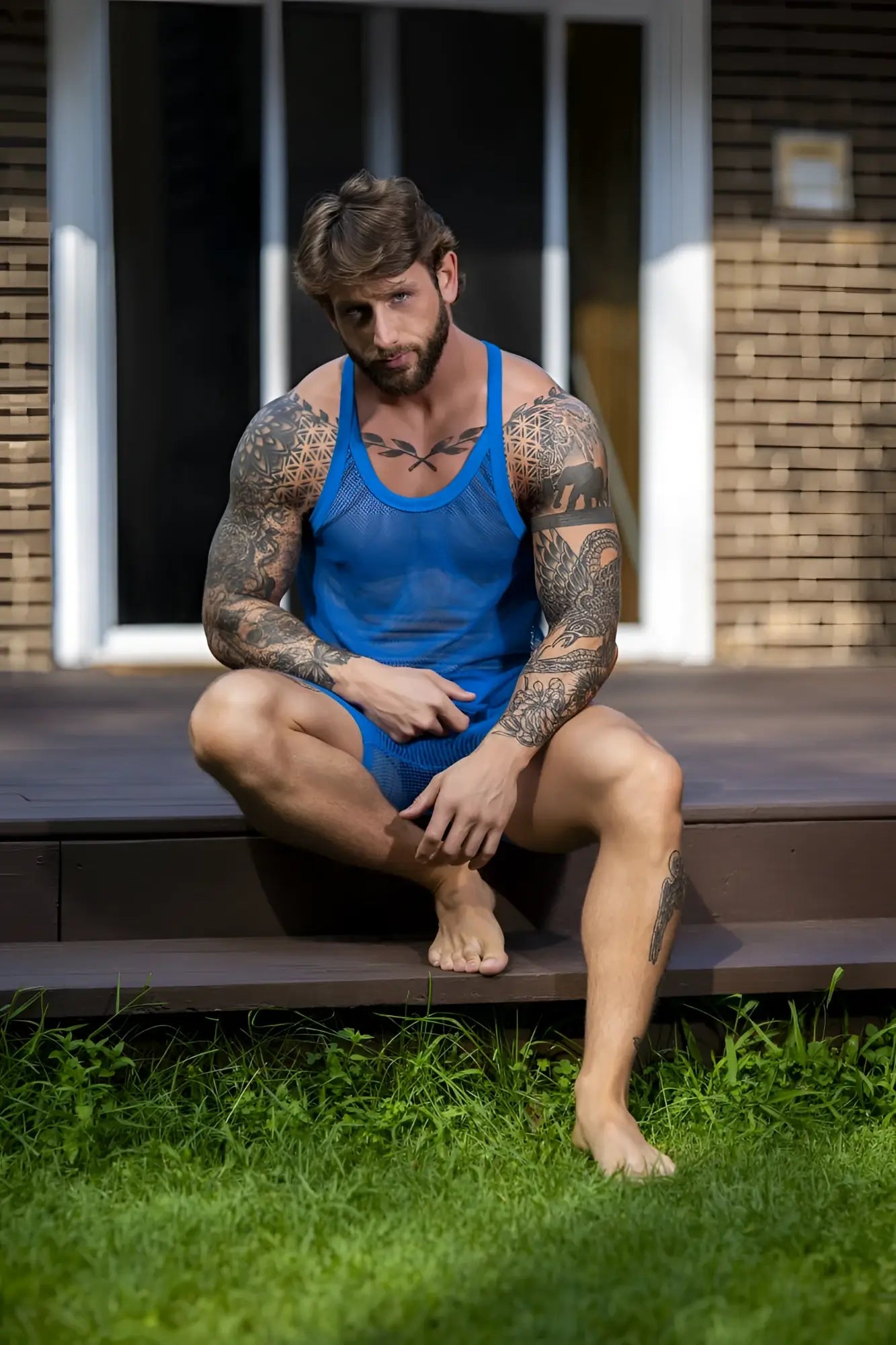 Blue mesh fishnet tank top and matching shorts by male power in royal color for stylish festival wear