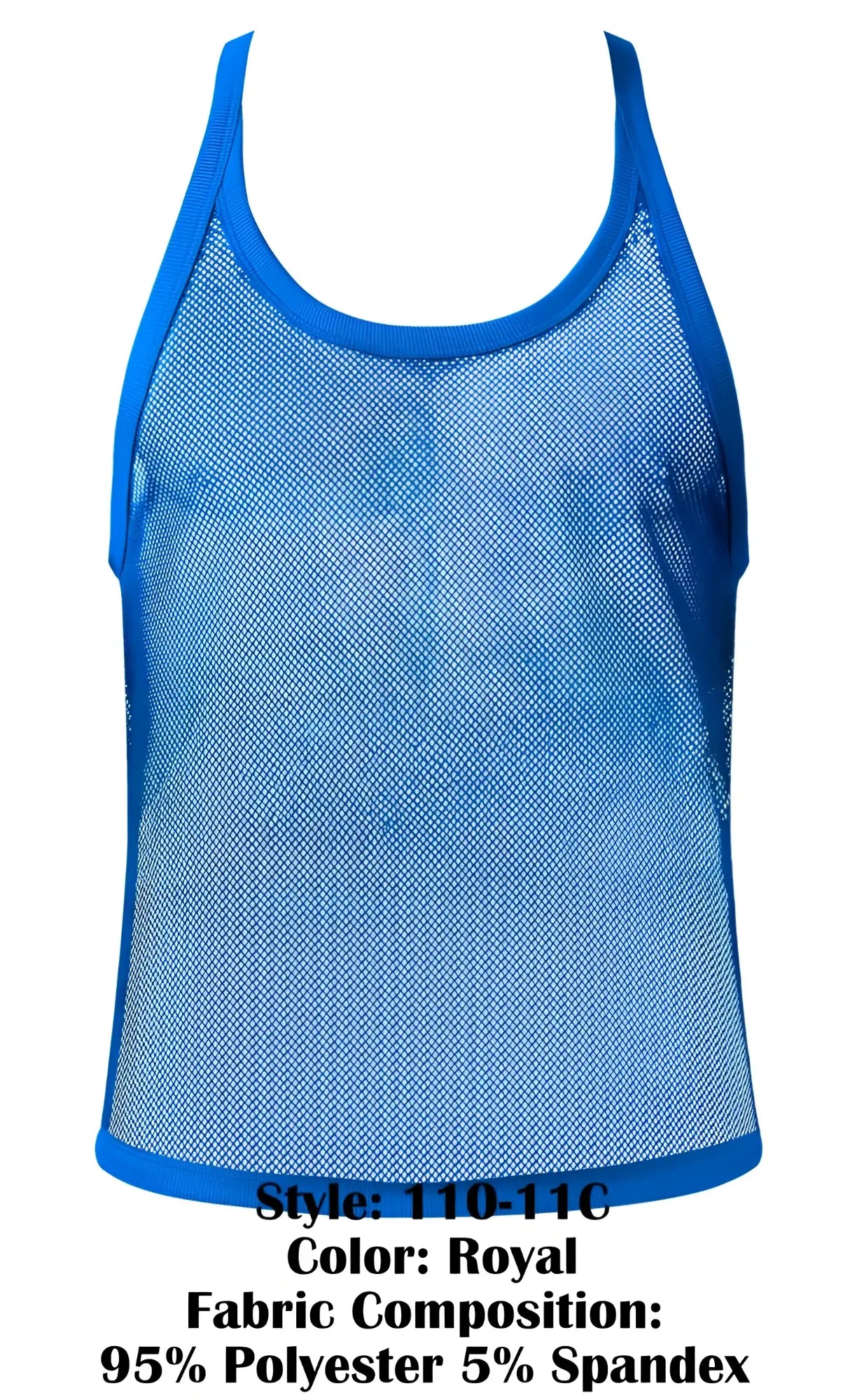 Male power 110-11c fishnet 2 tank top in royal blue mesh with solid trim and stretchy form-fitting design