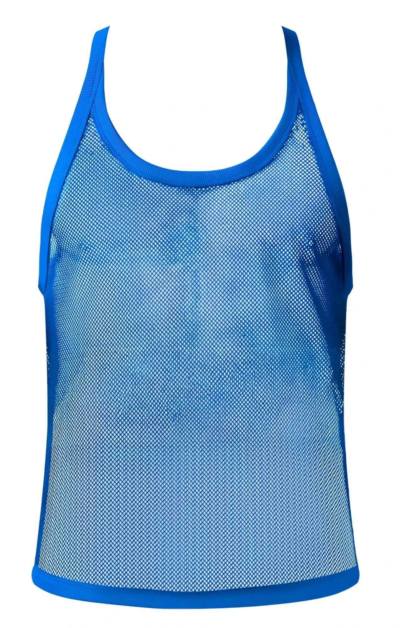 Male power 110-11c royal blue fishnet tank top with solid trim along neckline armholes and hem