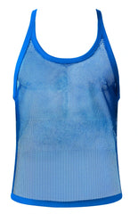 Male power 110-11c royal blue fishnet tank top with solid trim along neckline armholes and hem