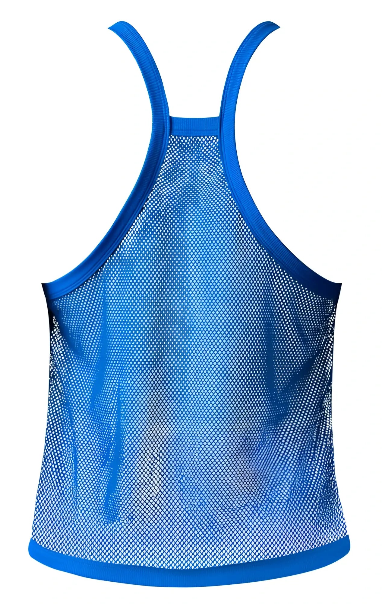 Male power 110-11c royal blue fishnet tank top with solid trim along straps neckline and hem