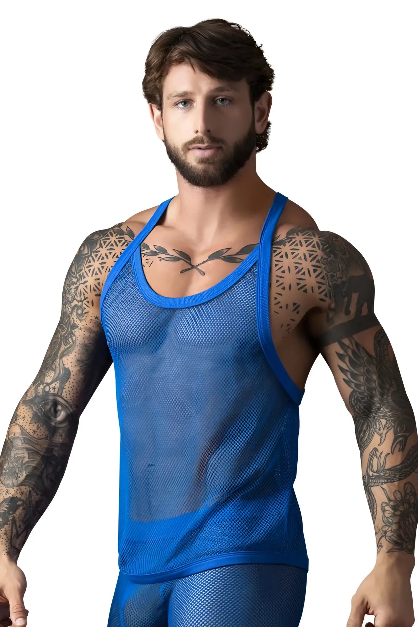 Male Power 110-11C royal blue fishnet tank top with solid blue trim in mesh fabric for men