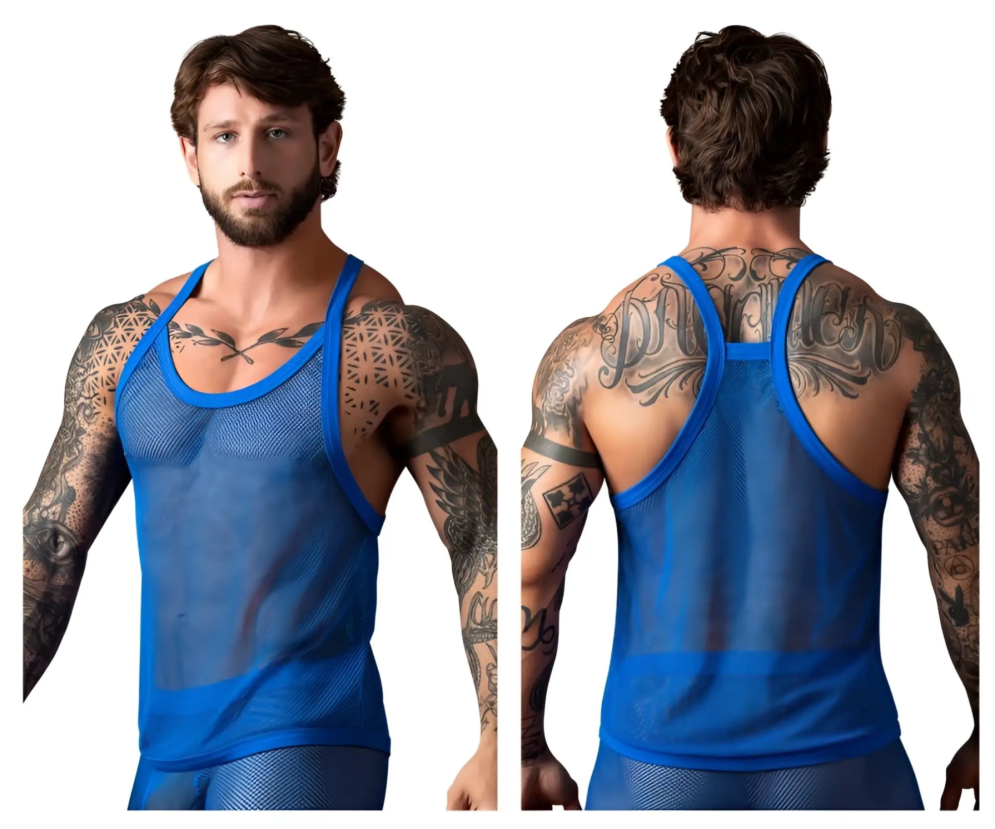 Male power 110-11c fishnet tank top in royal blue with blue mesh and trim for stylish breathable wear