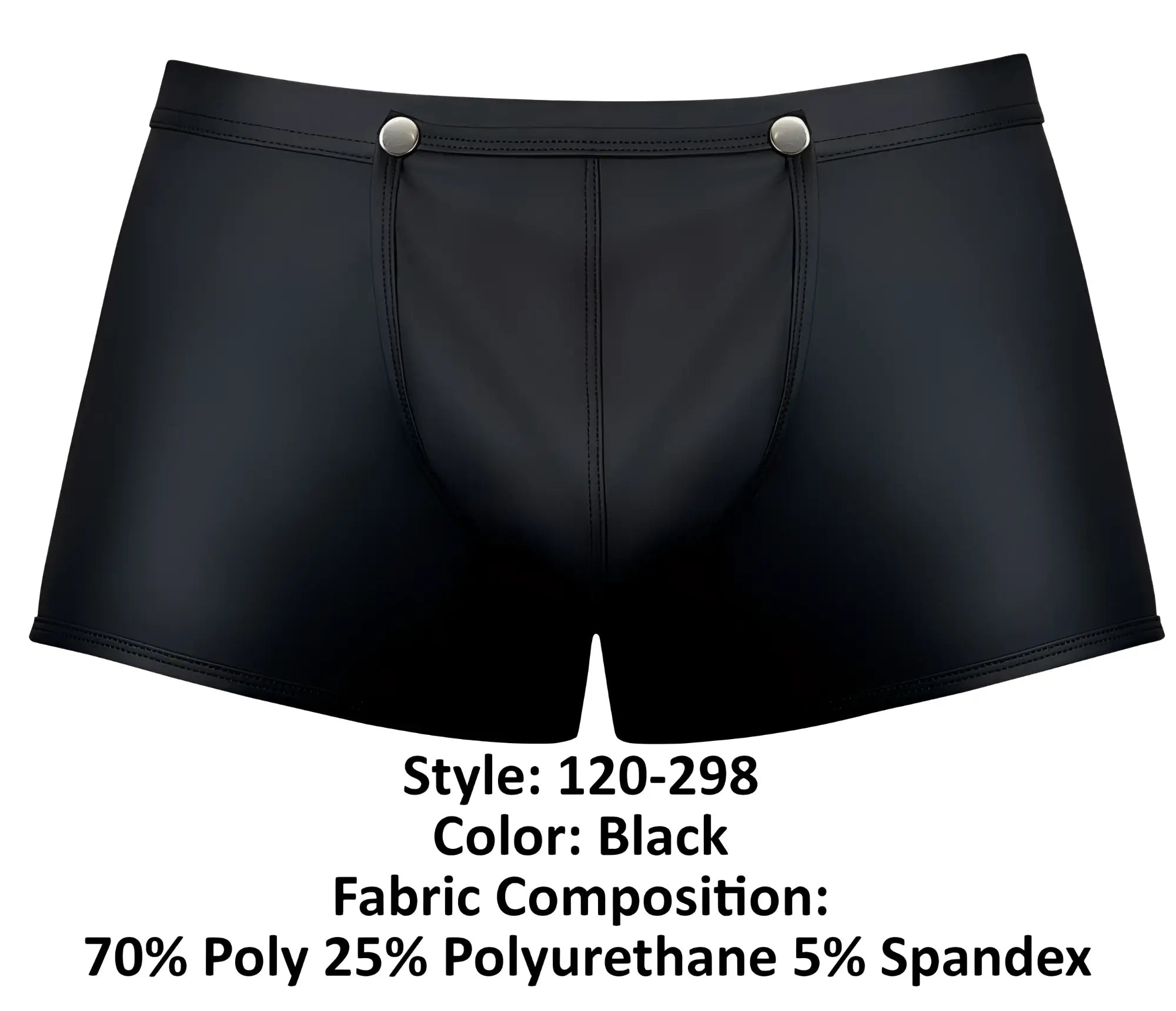 Black male power 120-298 oh snap snap off briefs with shiny faux leather finish and silver snap buttons at waistband