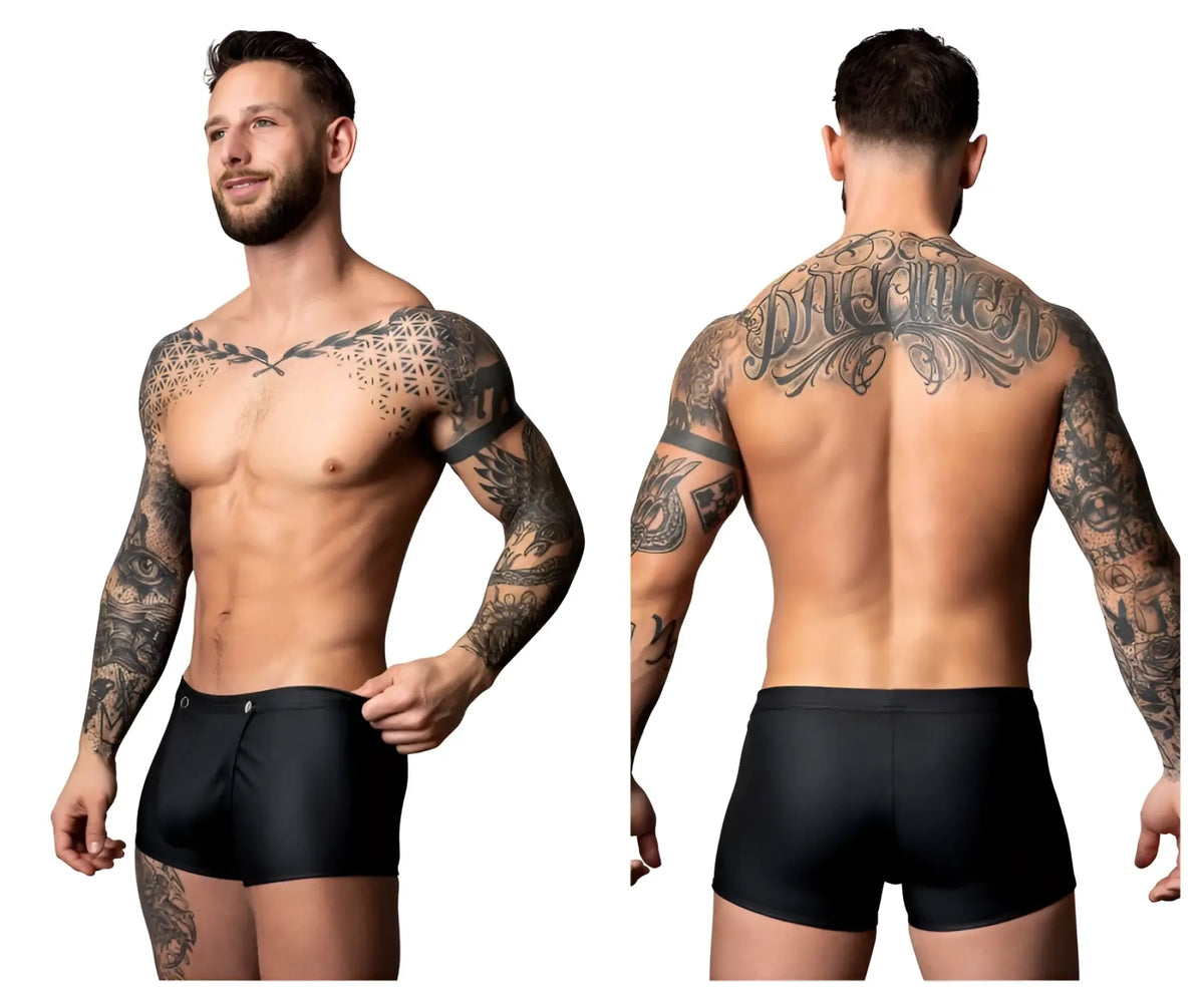 Male power 120-298 oh snap snap off short black form-fitting swim trunks with subtle sheen and single button closure