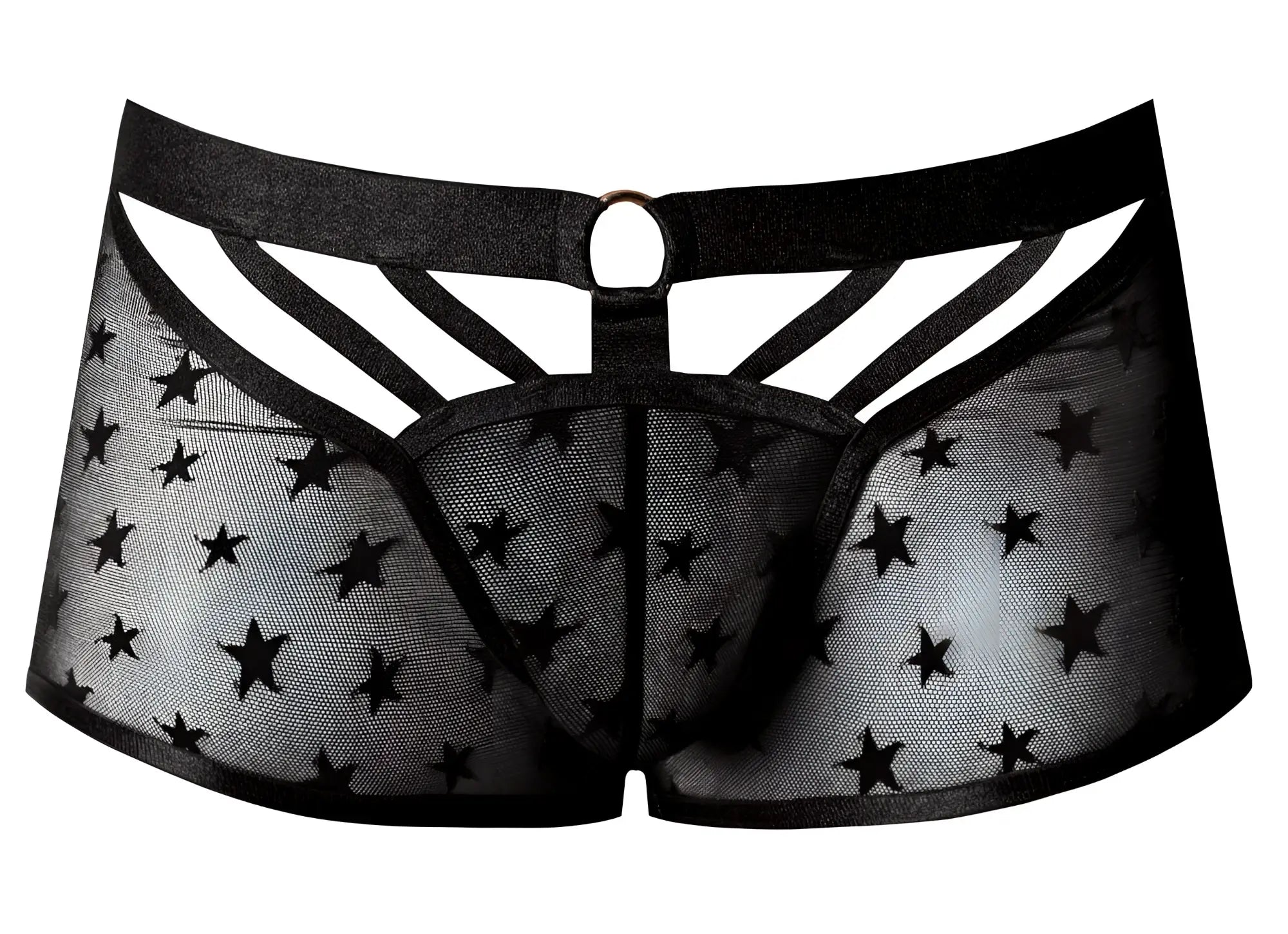 Male power 122-291 love star short black sheer star-patterned men’s underwear with crisscross cutouts and solid waistband