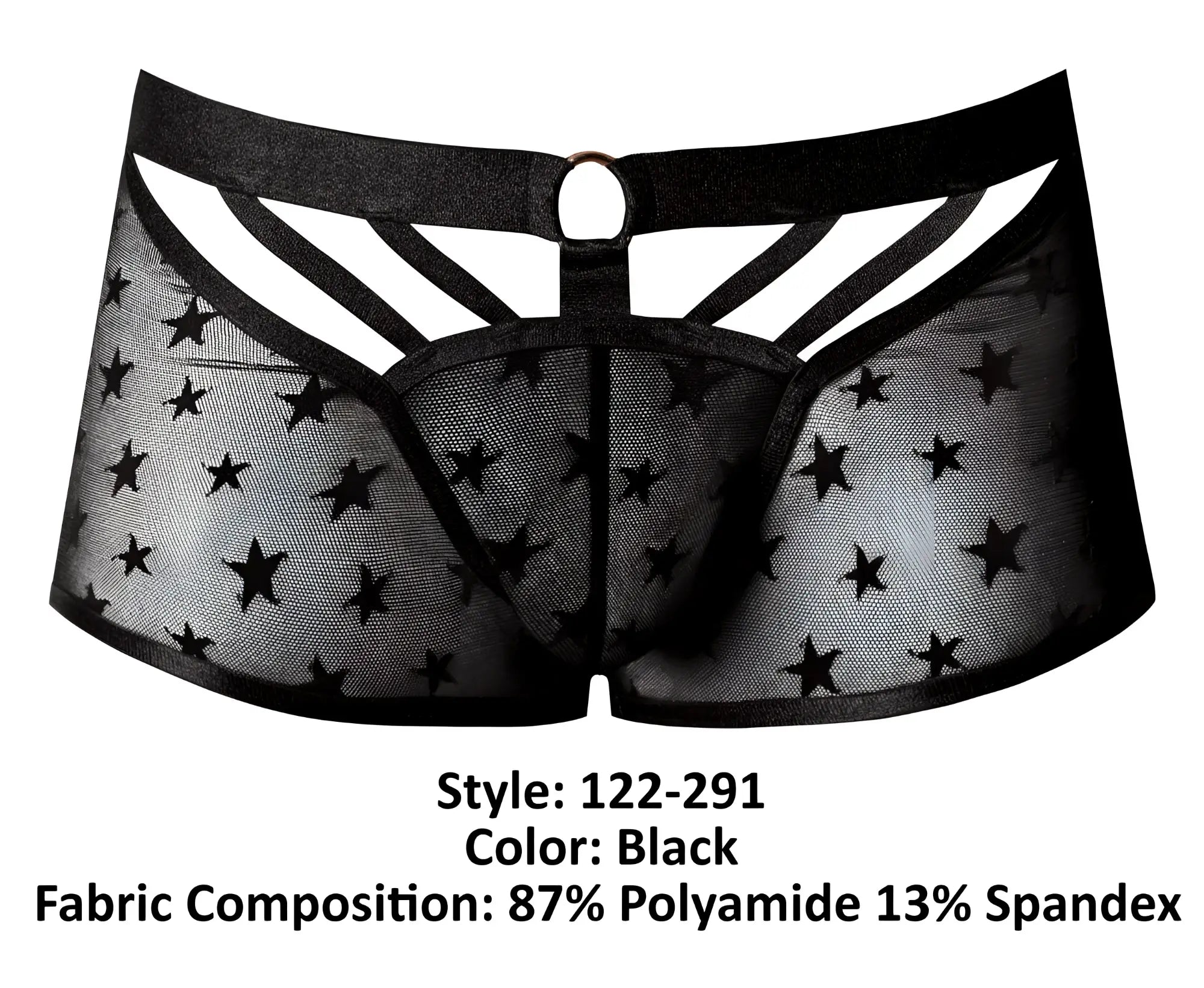 Male power 122-291 love star short black sheer star-patterned men’s underwear with elastic waistband and reinforced side panels