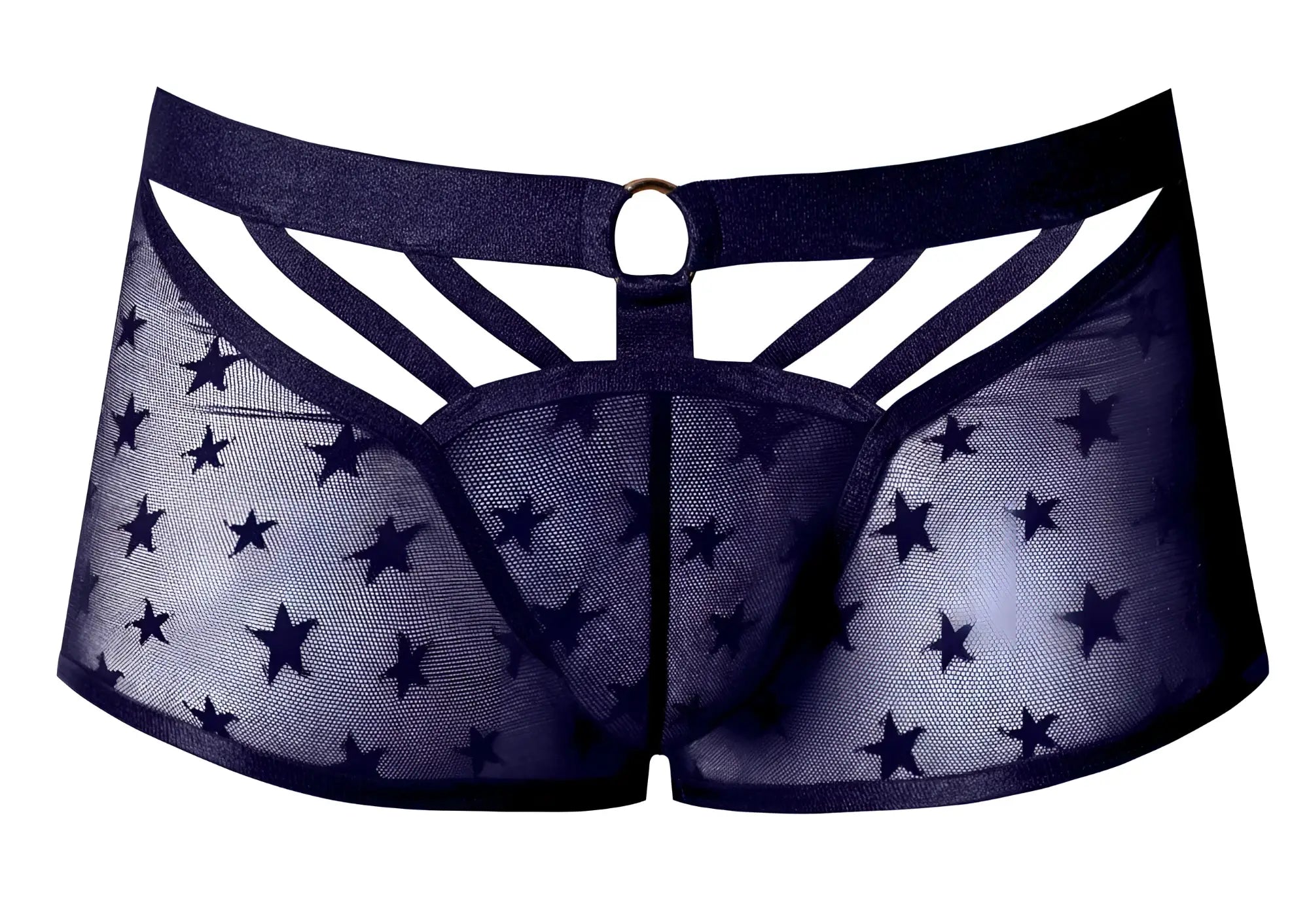 Male power 122-291 love star short men’s navy blue sheer star-patterned underwear with solid waistband and cutout design