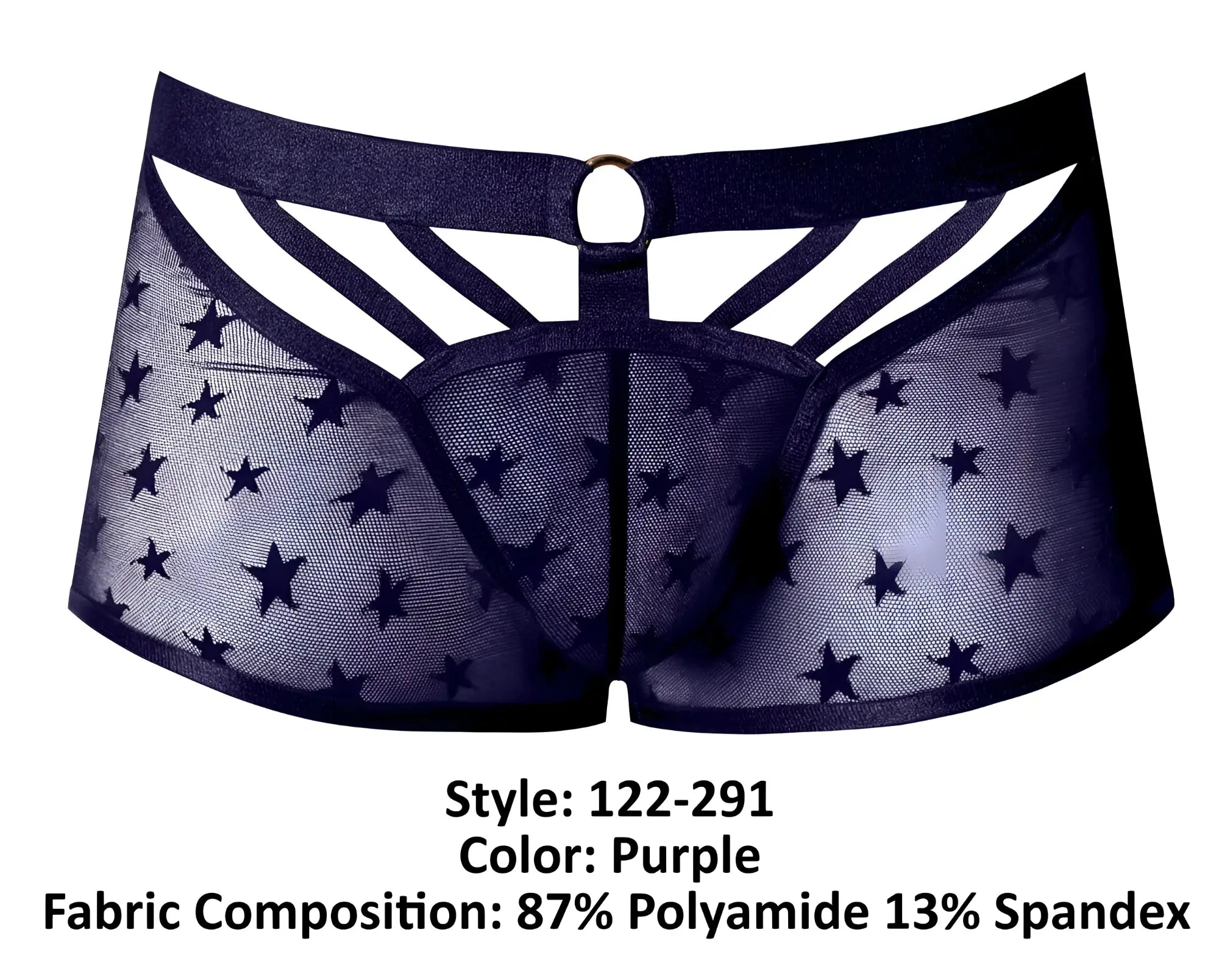 Male Power 122-291 Love Star short purple sheer mesh underwear with star pattern black elastic waistband and ring detail