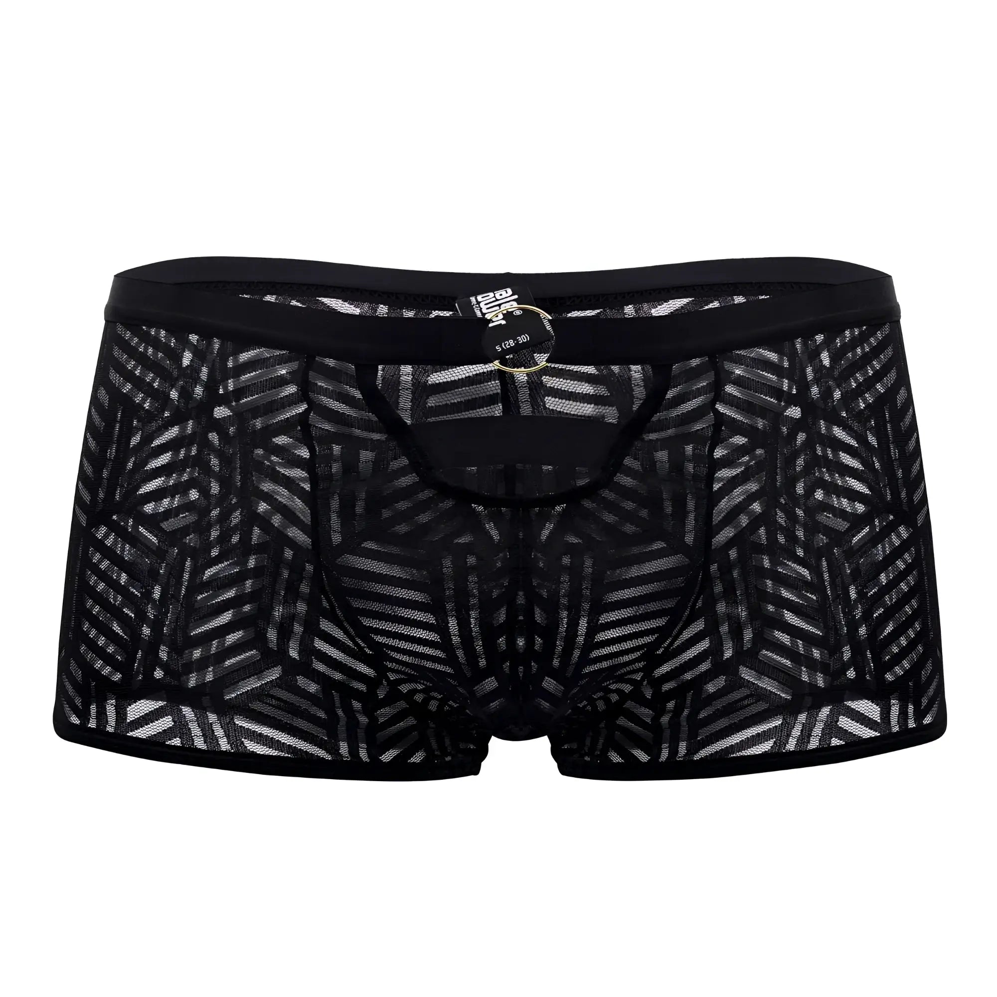 Black lace Male Power 125-284 Rude Awakening cheeky cutout briefs with geometric pattern and black elastic waistband