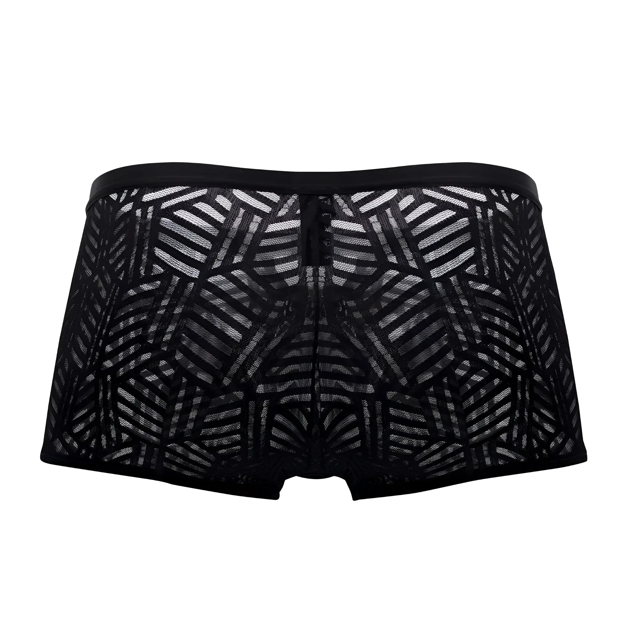Male power 125-284 rude awakening black lace boxer briefs with geometric pattern and central zipper front detail