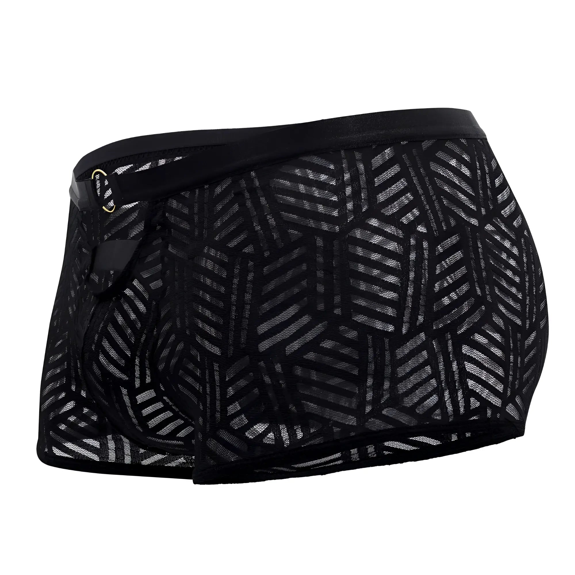 Male power 125-284 rude awakening cheeky cutout short black mesh briefs with geometric pattern and elastic waistband