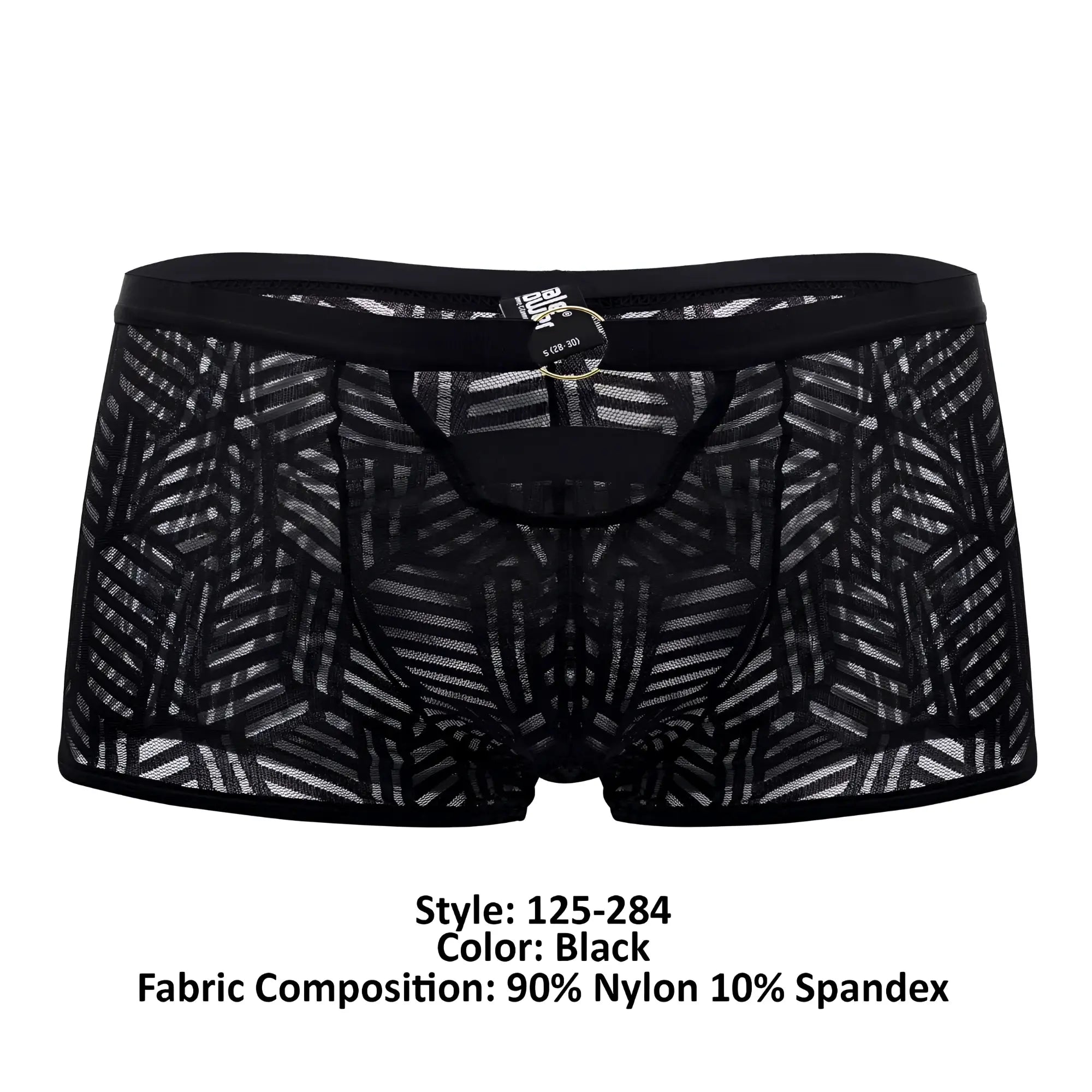 Male power 125-284 rude awakening black mesh briefs with geometric pattern and elastic waistband front view