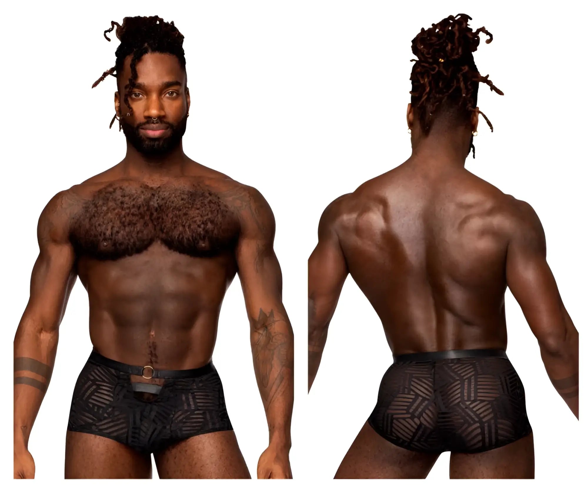 Male power 125-284 rude awakening cheeky cutout black briefs with geometric pattern and black belt loop at waist