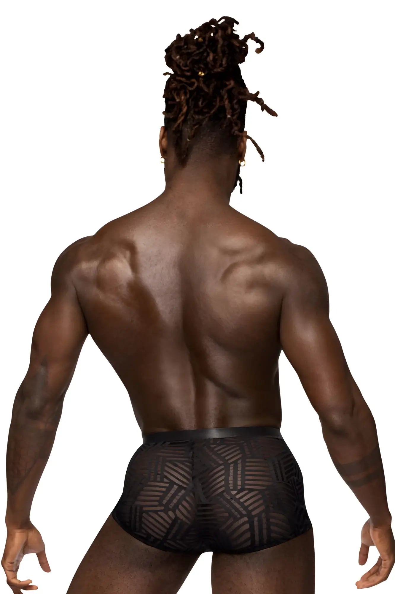 Male power 125-284 rude awakening cheeky cutout short in black sheer mesh briefs with geometric pattern back side view