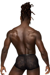 Male power 125-284 rude awakening cheeky cutout short in black sheer mesh briefs with geometric pattern back side view