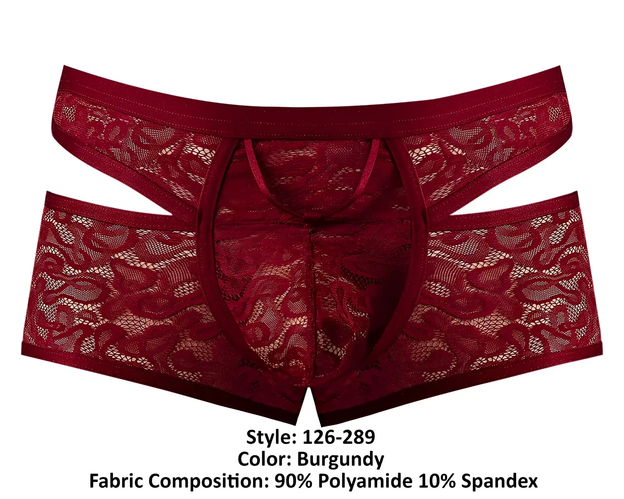 Burgundy lace men’s underwear with cut out design and elastic waistband from male power 126-289 lucifer short