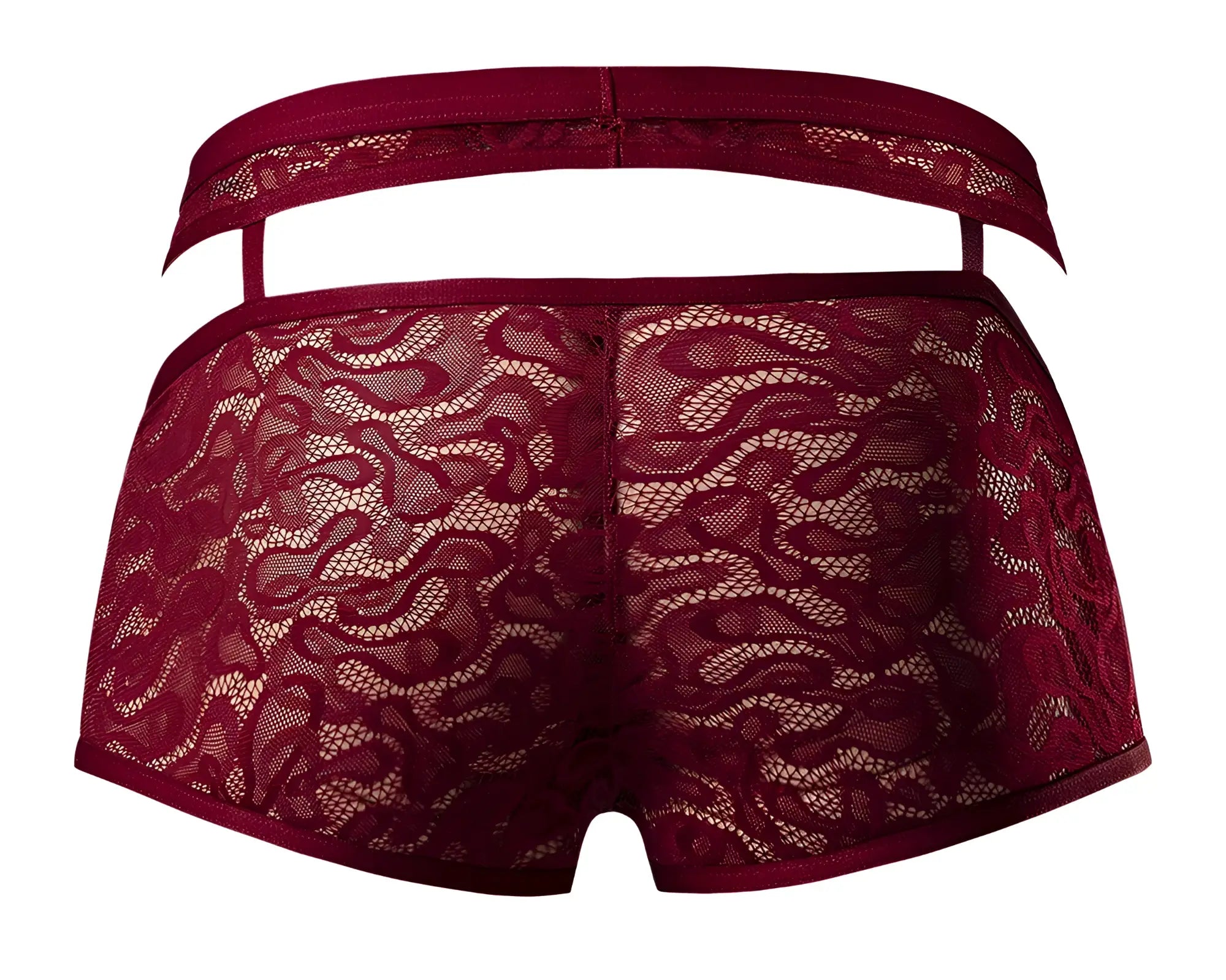 Male power 126-289 lucifer cut out short burgundy maroon lace underwear with elastic waistband shown from the back