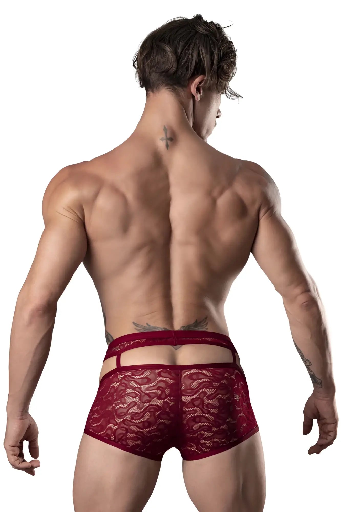 Red lace briefs with a cut out back design in burgundy by male power model 126 289 lucifer cut out short