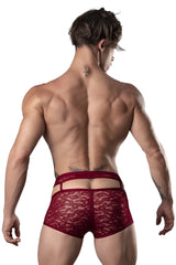 Red lace briefs with a cut out back design in burgundy by male power model 126 289 lucifer cut out short