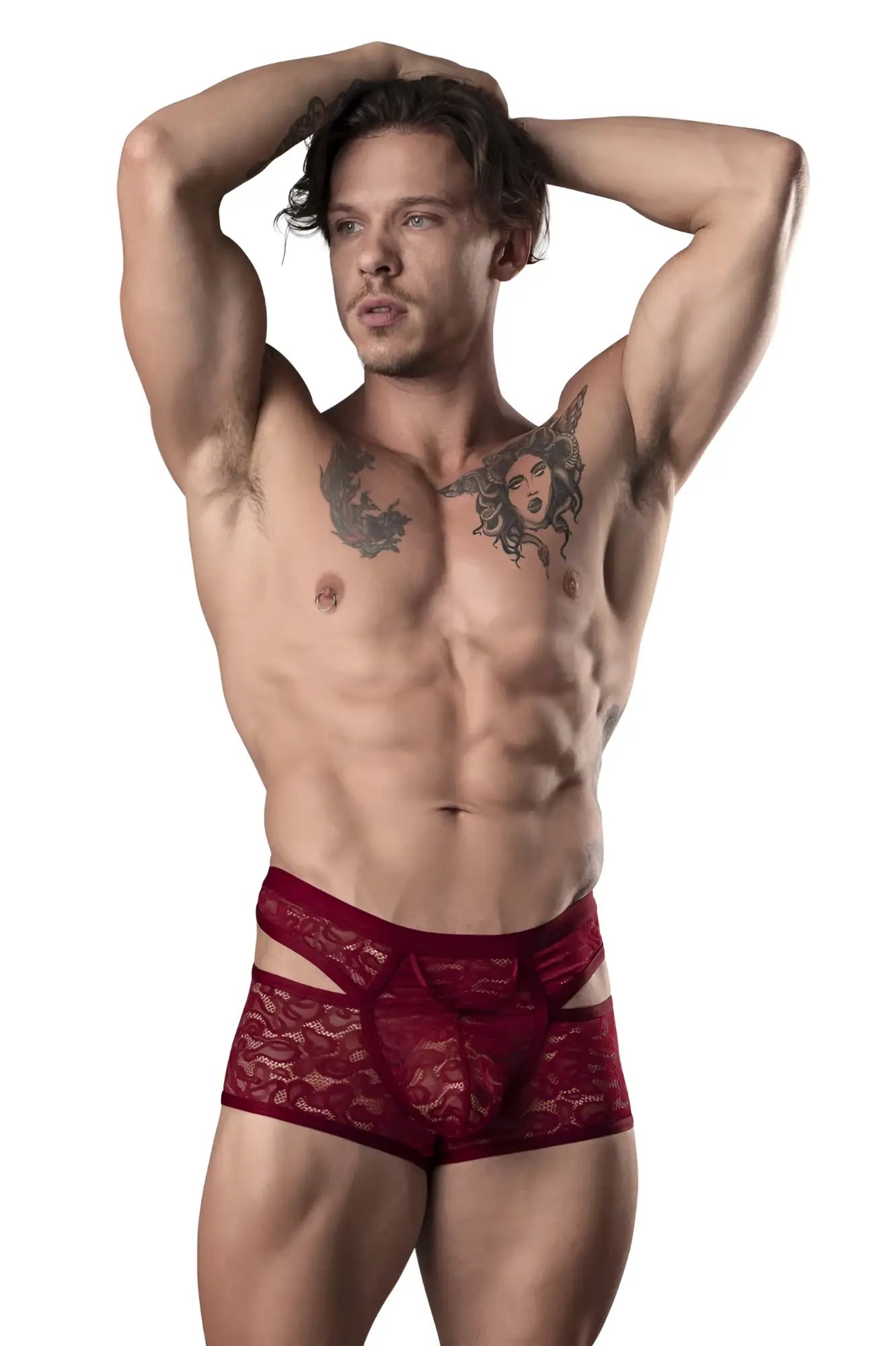 Male power 126-289 lucifer cut out short burgundy red lace briefs with a stylish cut out design for men