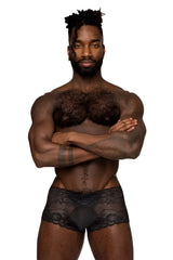 Black lace men’s mini short underwear with sheer patterned design and opaque pouch by male power in black