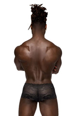 Male power 127-280 sassy lace mini short sheer pouch in black with intricate floral detailing and sheer black lace fabric