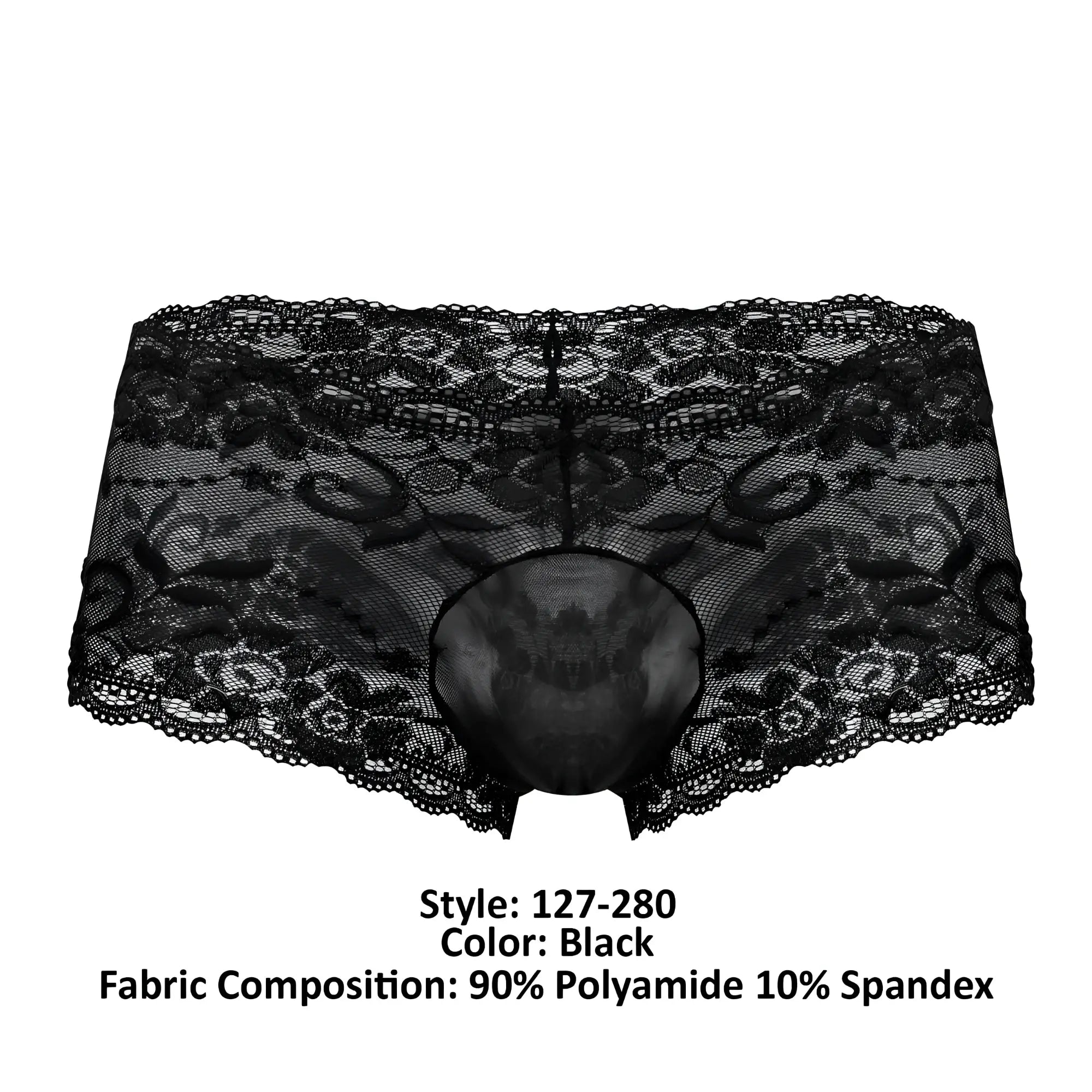 Male Power 127-280 sassy lace mini short in black with intricate floral lace and sheer mesh pouch design
