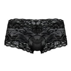 Male power 127-280 sassy lace mini short sheer pouch in black featuring intricate floral lace and mesh texture