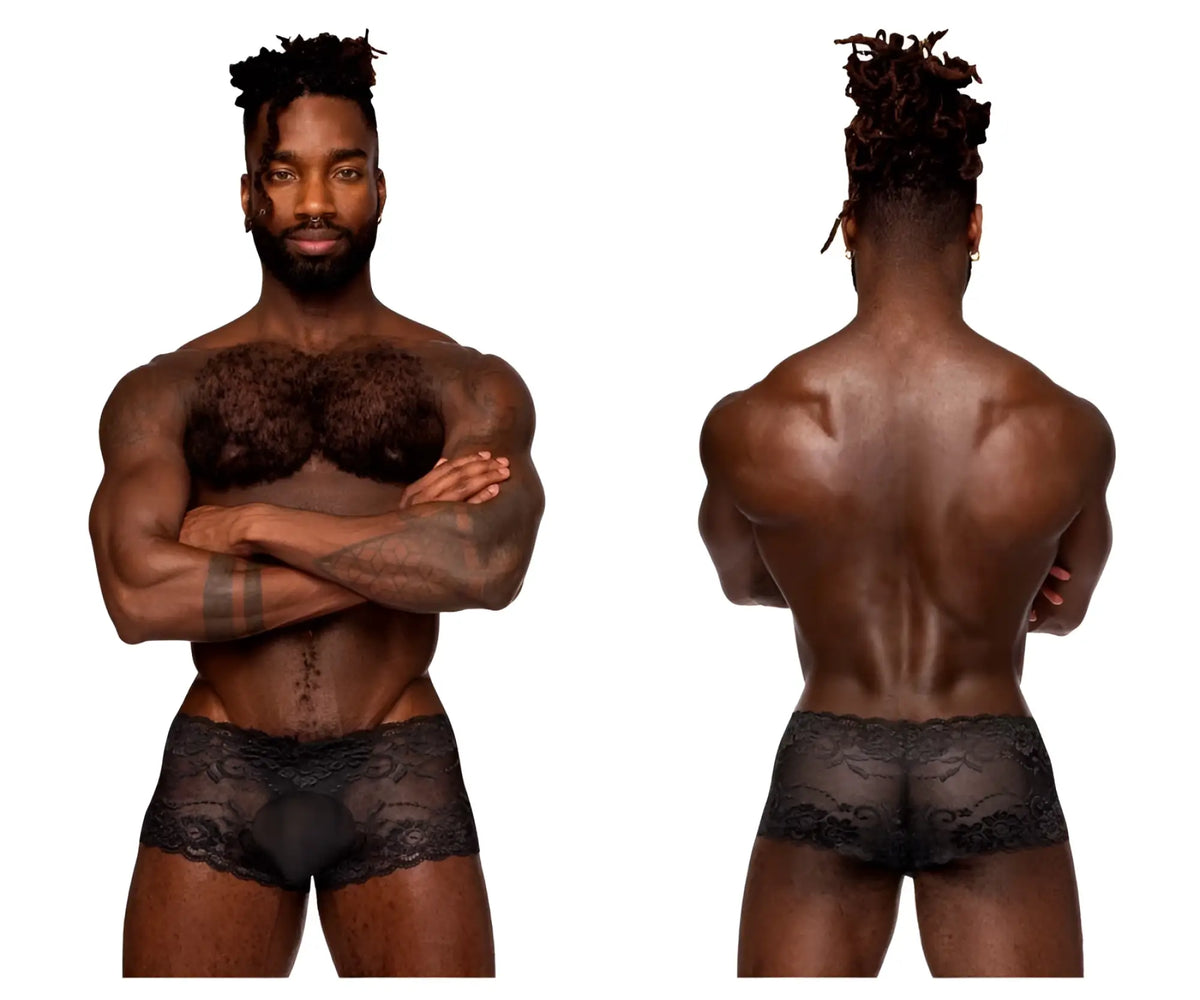 Male power 127-280 sassy lace mini short sheer pouch in black with intricate floral lace detailing along the waistband