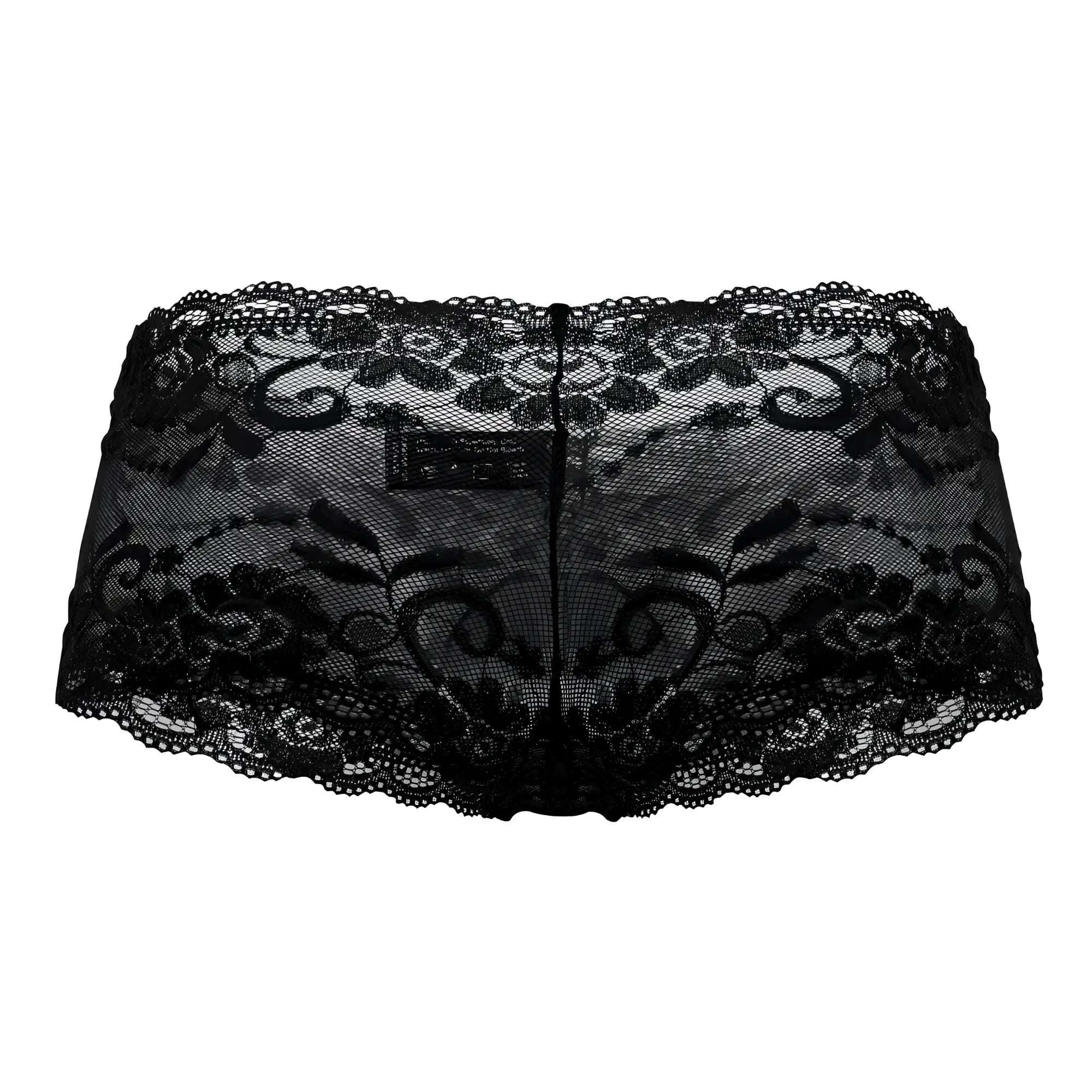 Black lace male power sassy lace mini short sheer pouch underwear with intricate floral and scrollwork patterns