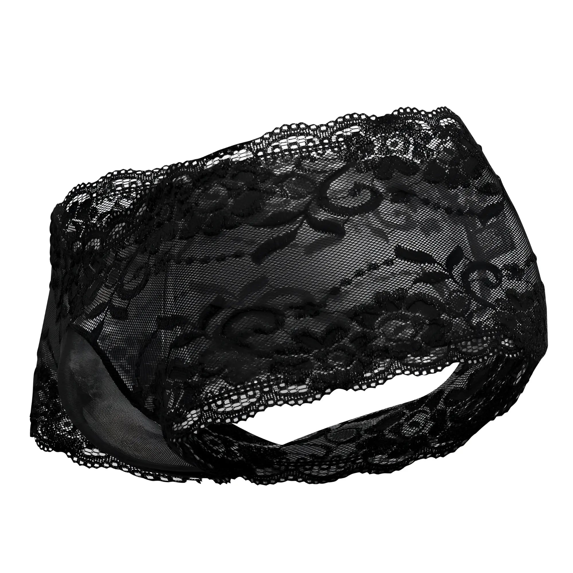 Male power 127-280 sassy lace mini short in black featuring intricate floral lace and sheer mesh pouch detailing