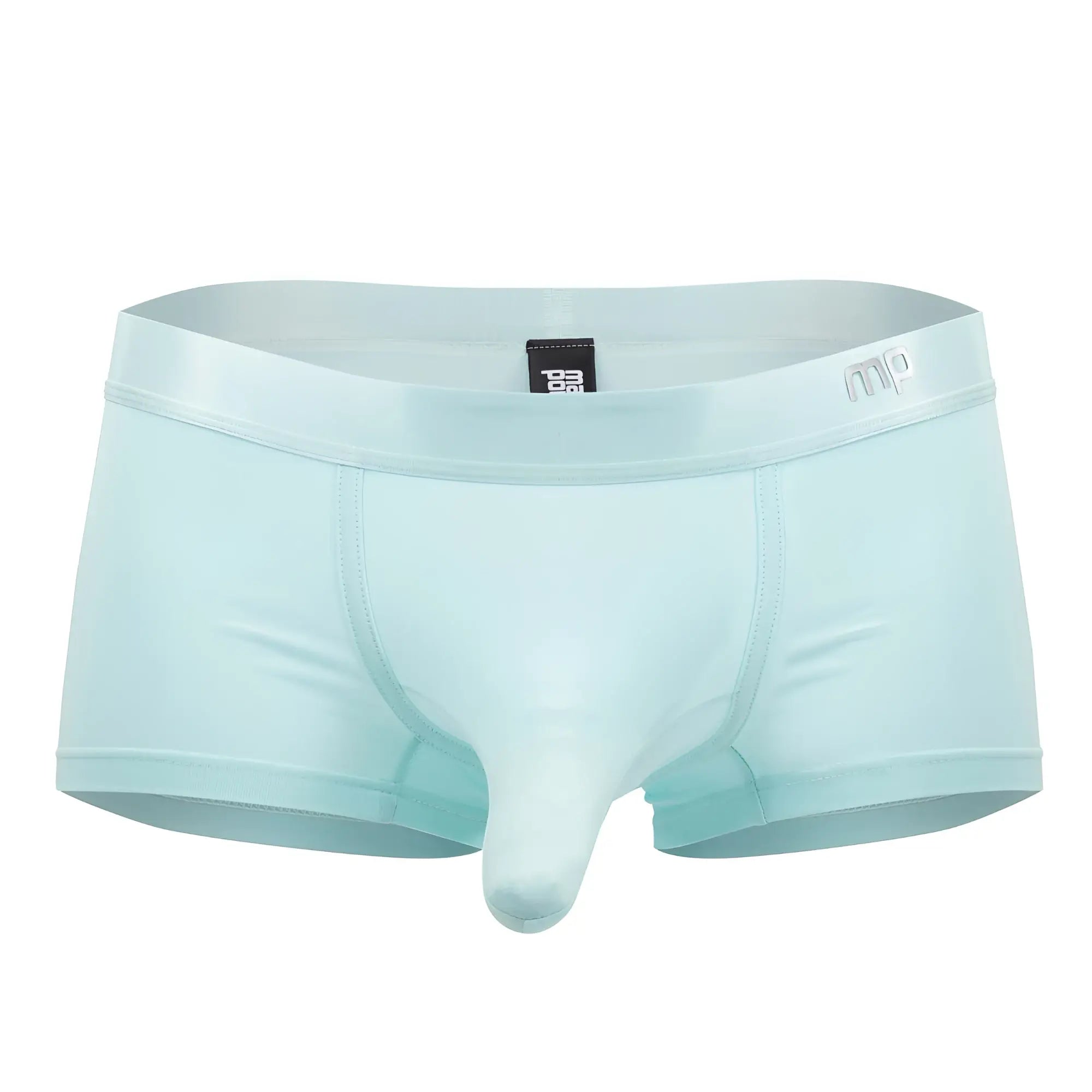 Light blue male power 129-281 easy breezy mini short with smooth stretchy fabric and subtle mp logo on waistband