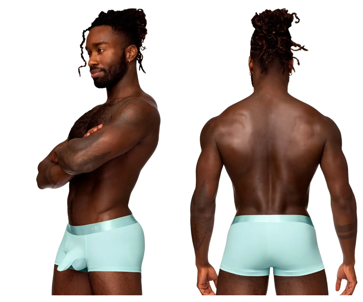 Male power 129-281 easy breezy aqua mini short briefs with smooth satin finish and contoured design