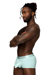 Male Power 129-281 aqua men’s briefs with satin waistband featuring a sleek modern design and easy breezy mini short style