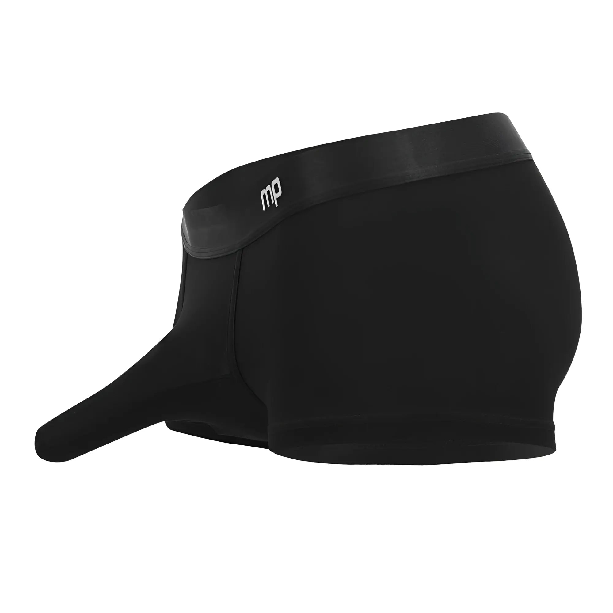 Black men’s boxer briefs with elongated pouch and smooth elastic waistband featuring mp logo in black color