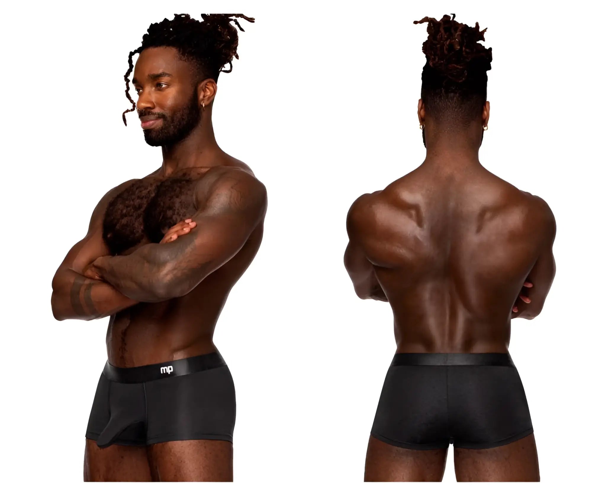 Male power 129-281 easy breezy mini short with sleeve in black featuring sleek form-fitting briefs and subtle waistband logo