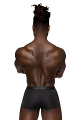 Male power 129-281 easy breezy mini short black briefs with sleek smooth fabric and narrow elastic waistband
