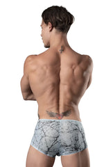 Male power 130-290 marble mesh micro mini shorts in light blue with gray and black marble patterned briefs design