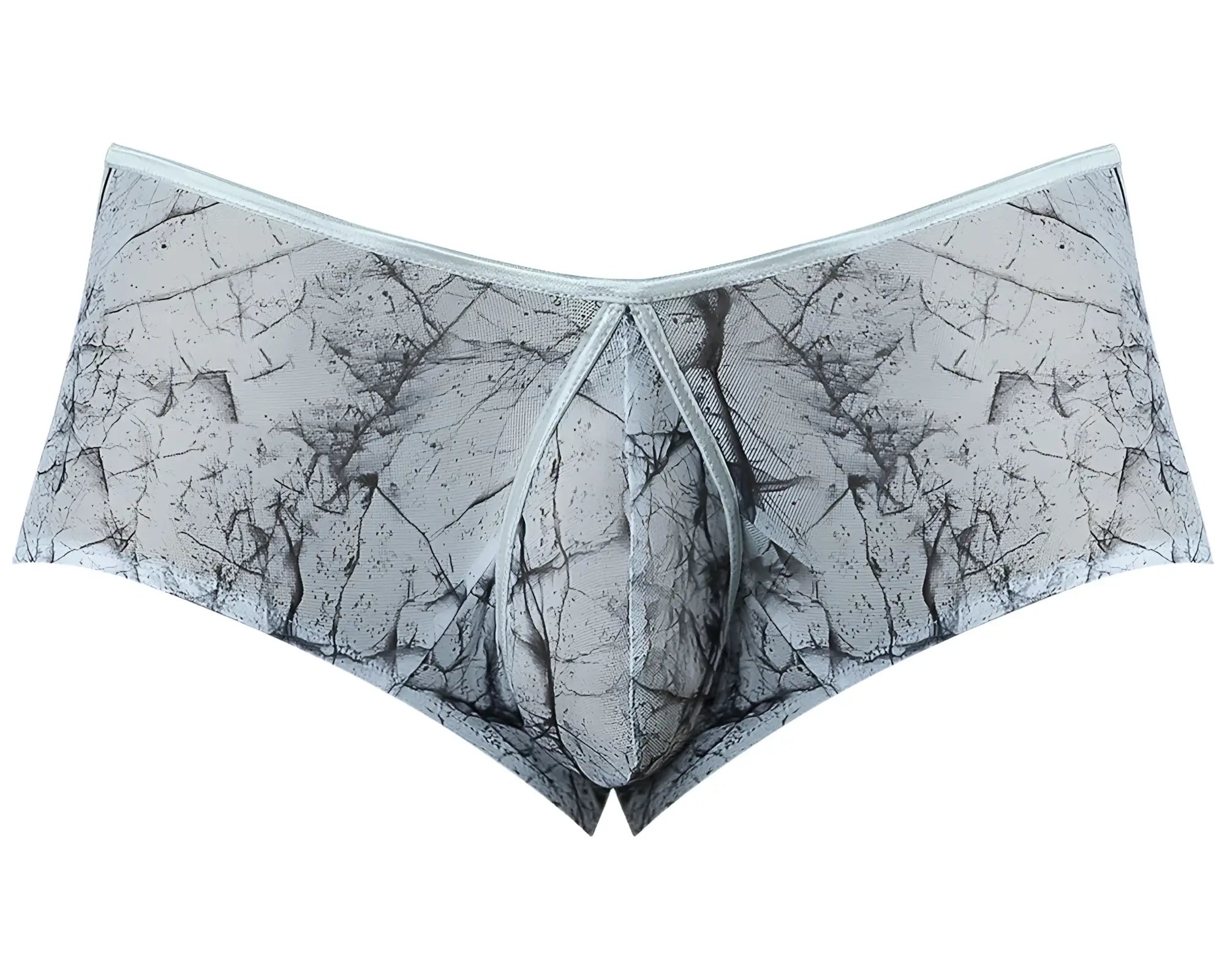 Male power marble mesh micro mini short in light blue featuring gray and black cracked stone pattern briefs with light gray waistband