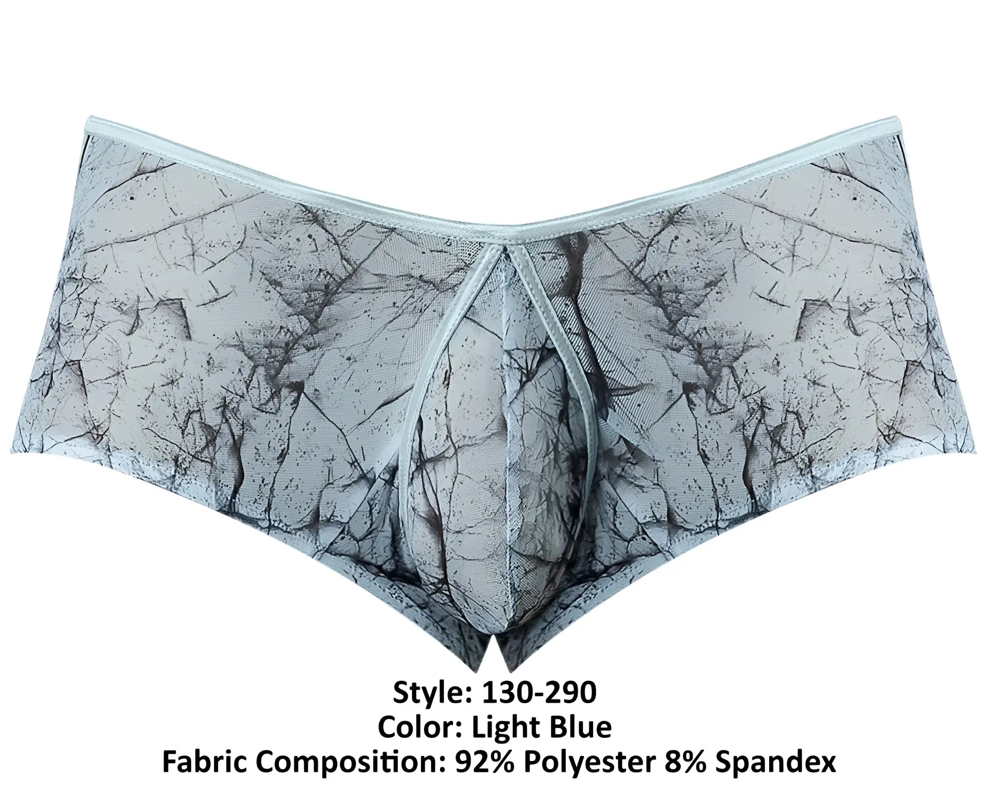 Light blue male power marble mesh micro mini shorts with gray black cracked stone pattern made of polyester spandex